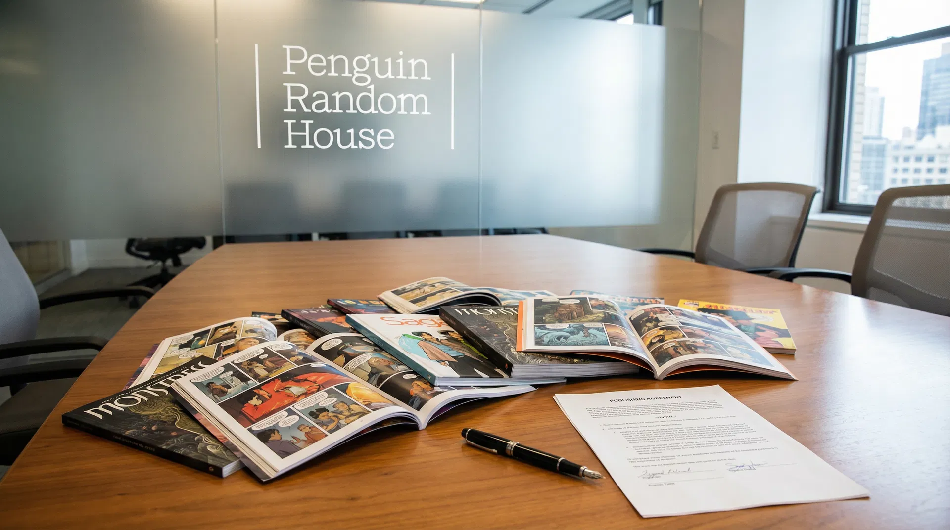 Comic books and graphic novels spread on conference table with Penguin Random House logo on frosted glass — Boom! Studios integration