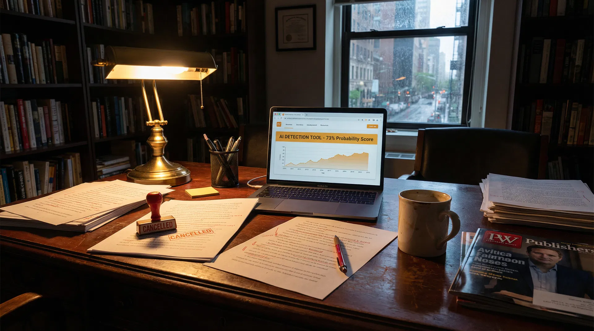 Publisher's desk with AI detection tool showing 73% probability score, CANCELLED stamp, and Publishers Weekly magazine