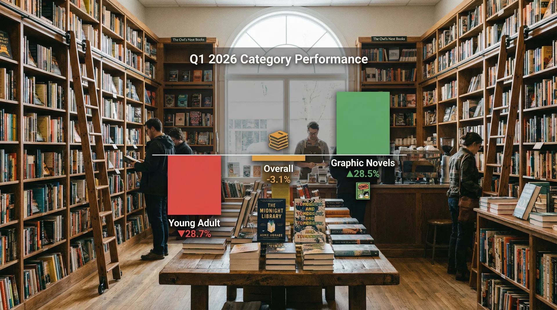 Bookshop interior with Q1 2026 category performance overlay showing Young Adult down 28.7% and Graphic Novels up 28.5%