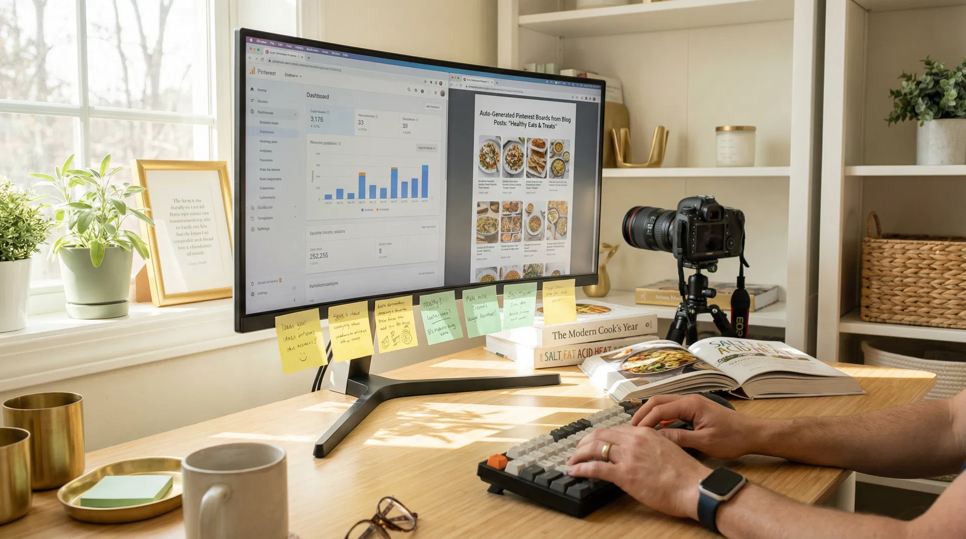 Home studio creator workspace with Pinterest dashboard auto-generating boards from blog posts — Raptive Duet AI tool