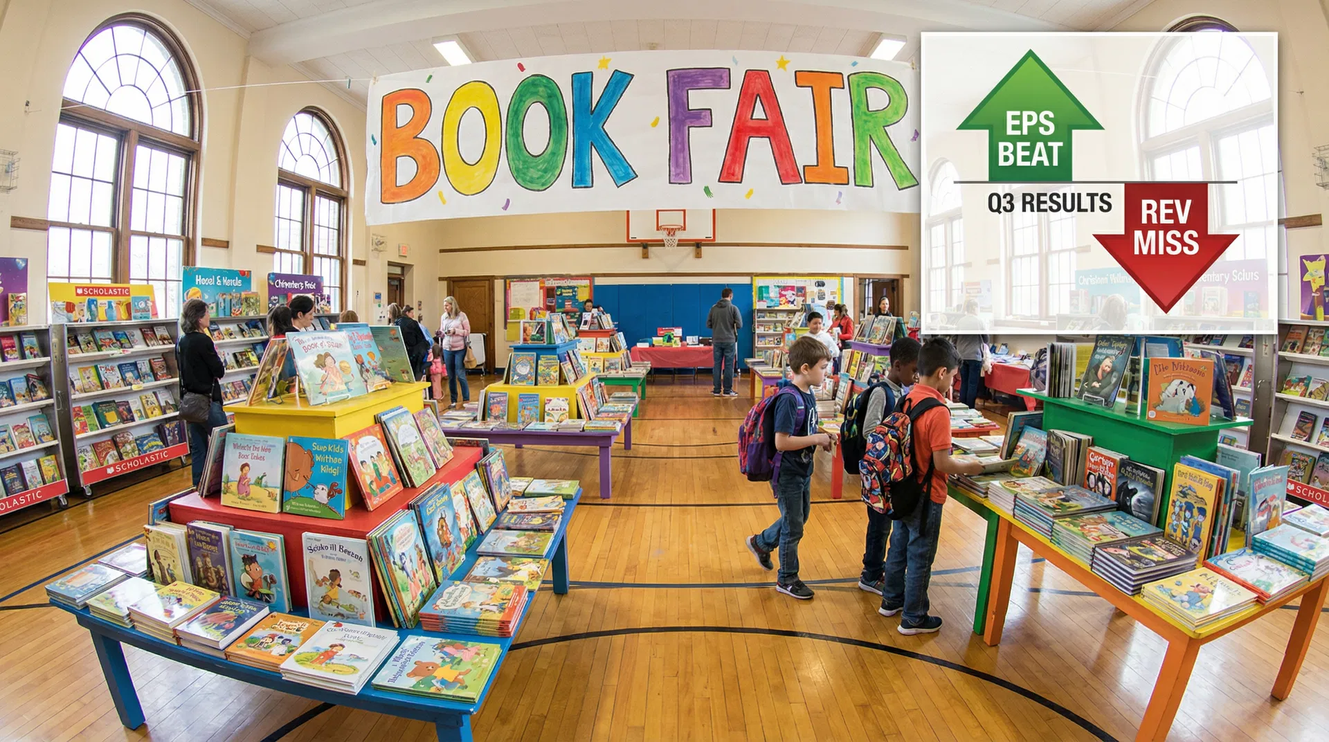 Scholastic Book Fair in a school gymnasium with children browsing books and Q3 EPS beat / revenue miss chart overlay