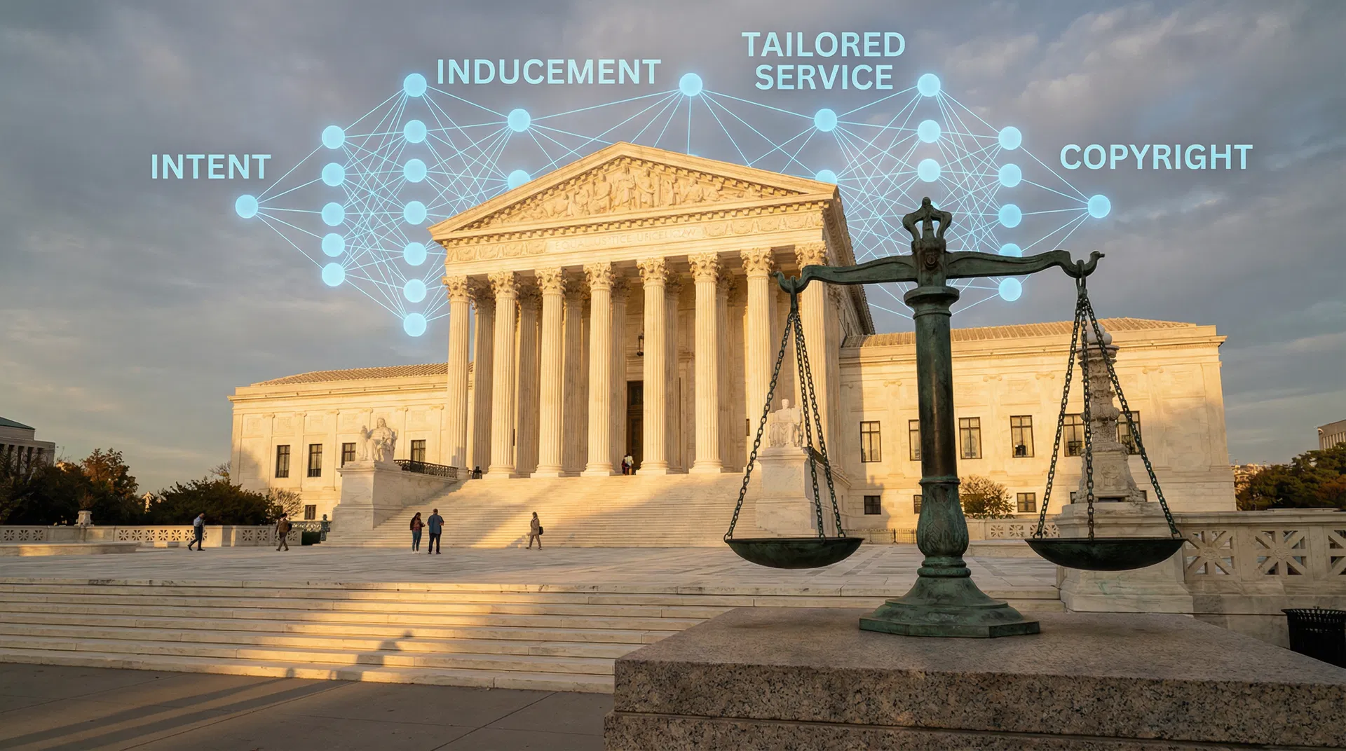 US Supreme Court building with scales of justice and AI neural network overlay representing copyright intent test