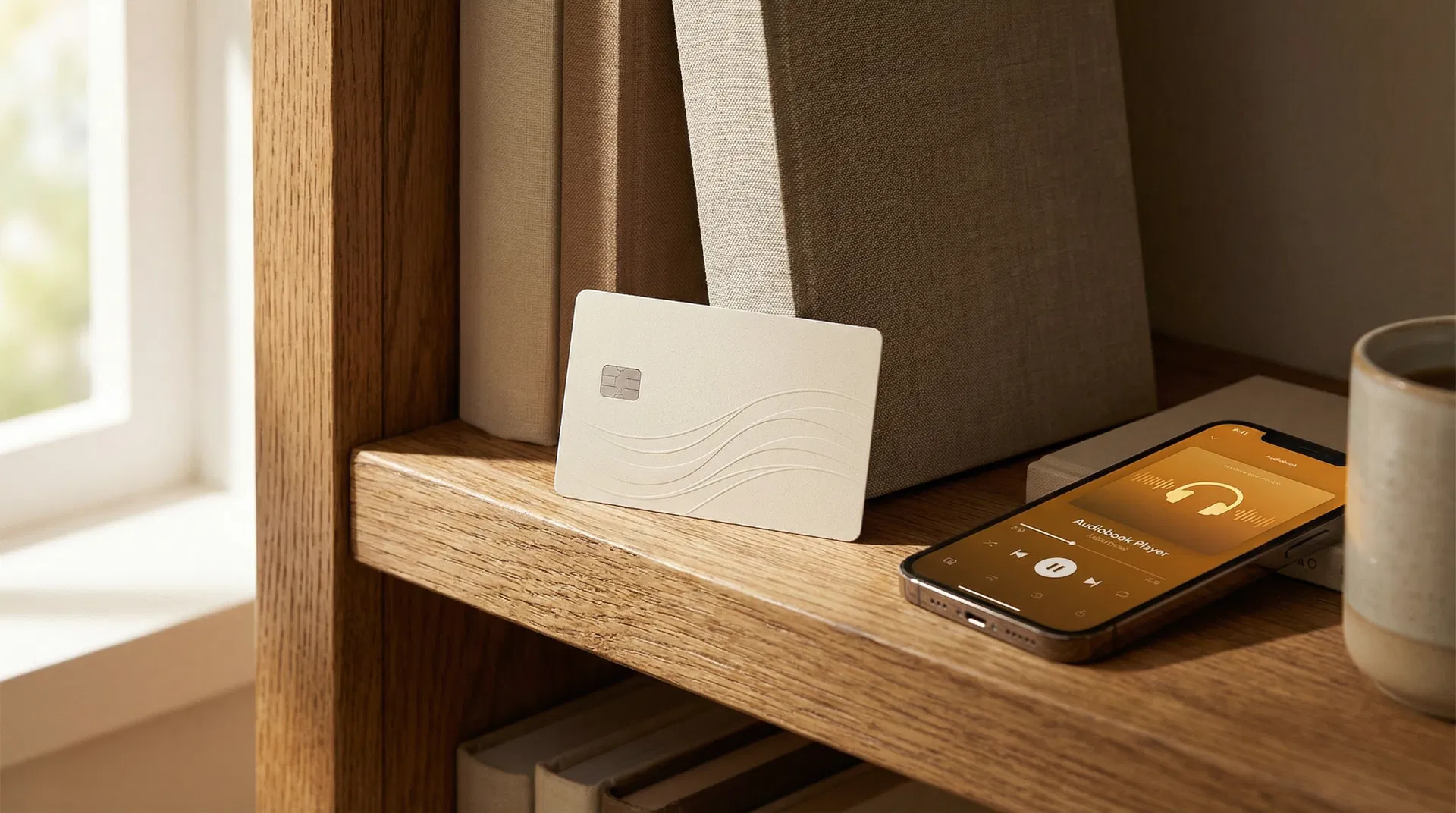 NFC audiobook card displayed on a wooden shelf beside books and a smartphone showing an audiobook player — shelfie.audio by Bastei Lübbe