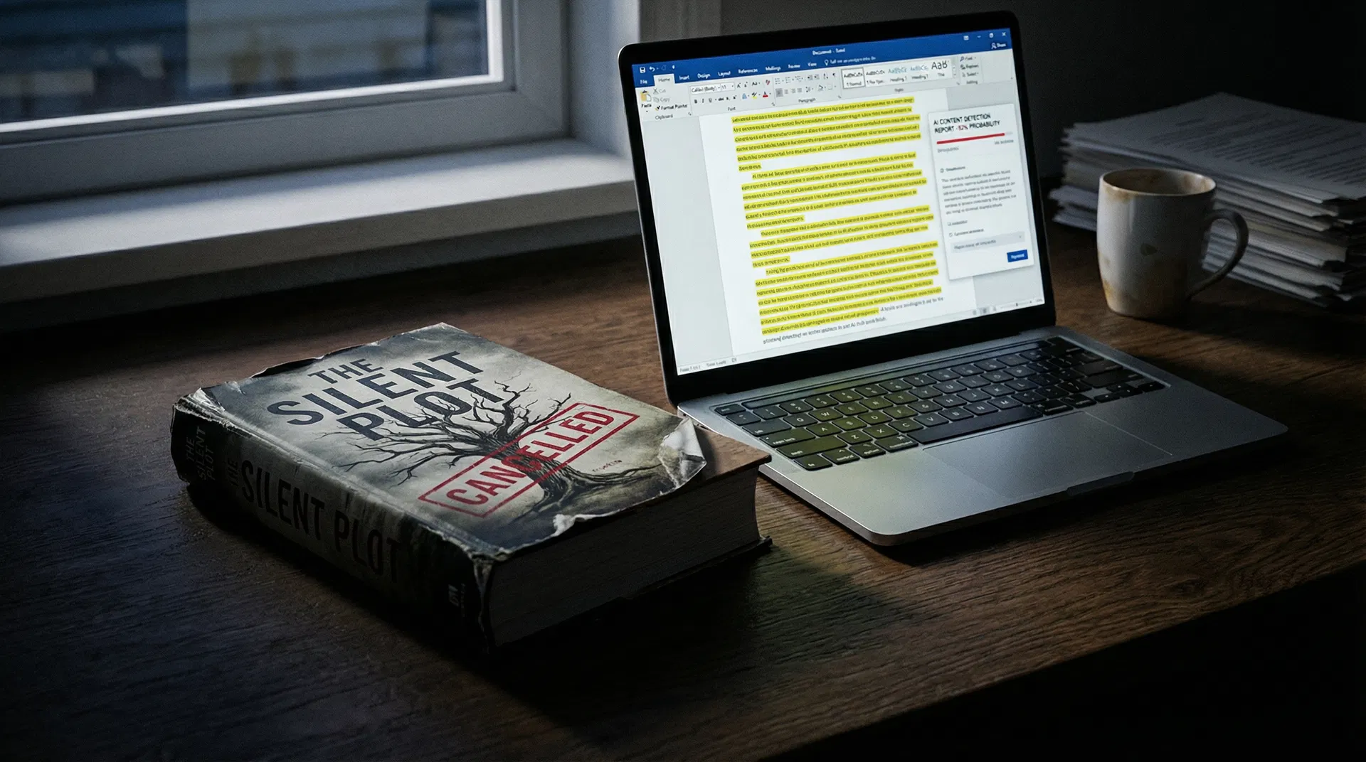 Horror novel with CANCELLED stamp beside AI detection report on laptop screen — Hachette pulls Shy Girl