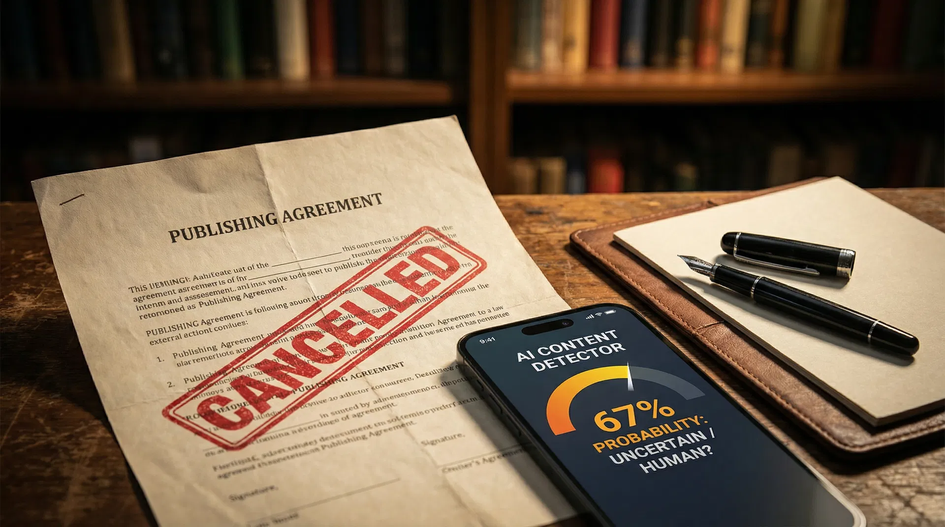 Cancelled publishing agreement on desk with AI content detector showing 67% uncertainty on smartphone