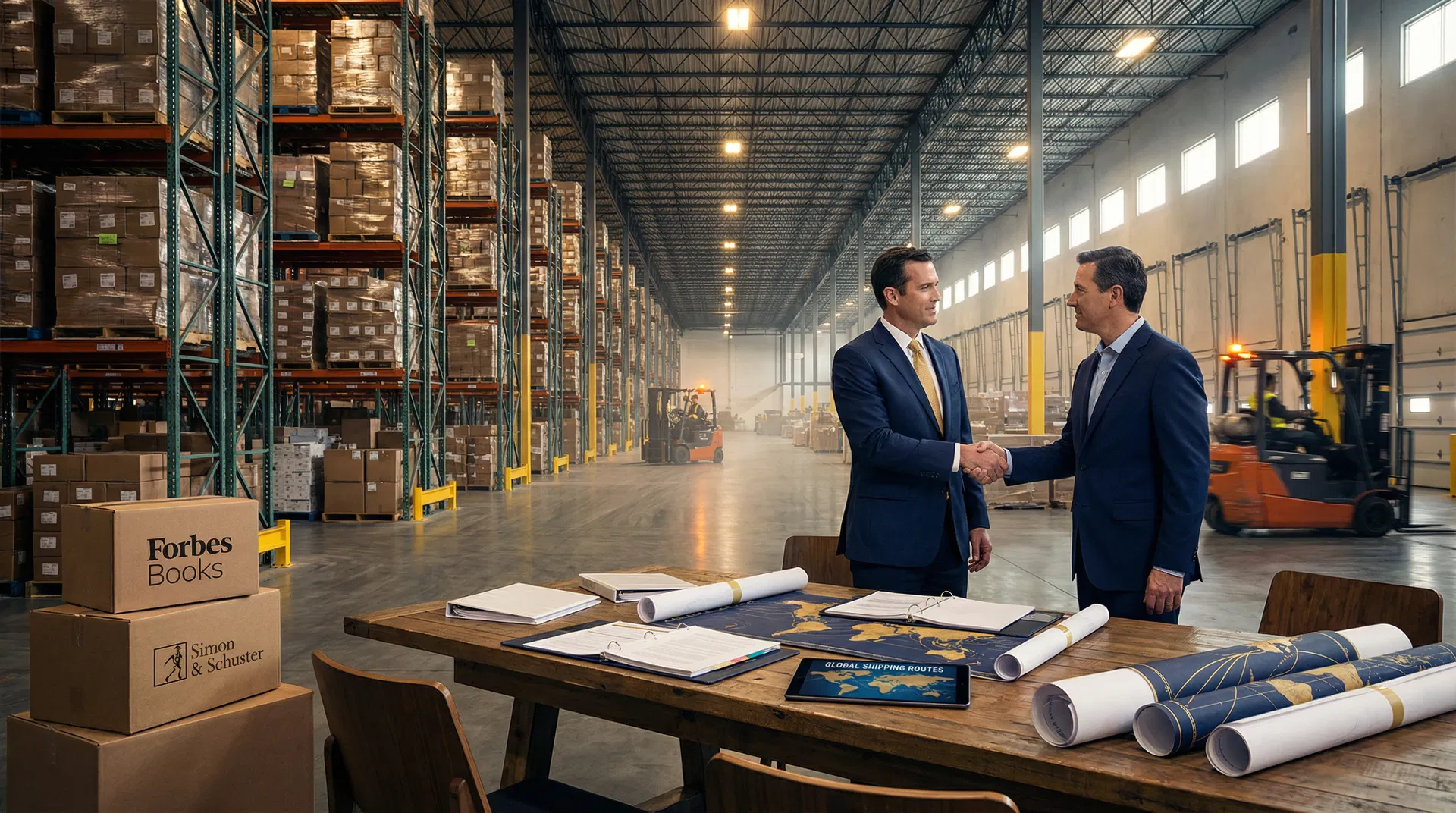 Book distribution warehouse with executives shaking hands over Forbes Books and Simon & Schuster boxes — global distribution deal