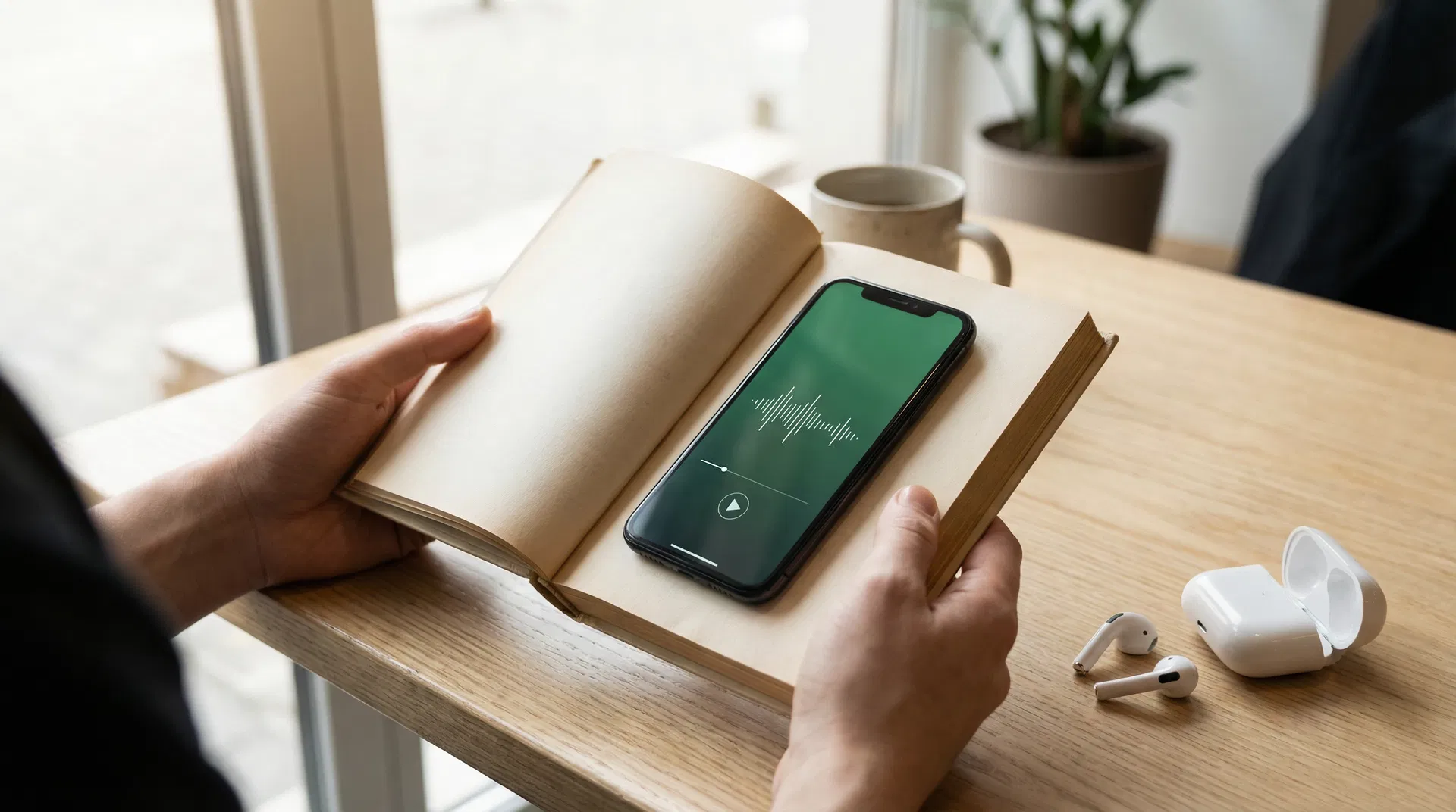 Hands holding an open book with a smartphone scanning the page — Spotify Page Match audiobook sync feature
