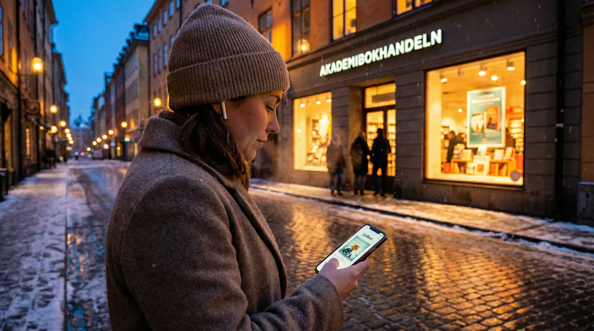 Scandinavian woman with earbuds on snowy Stockholm street outside Akademibokhandeln bookshop — audiobook app on phone