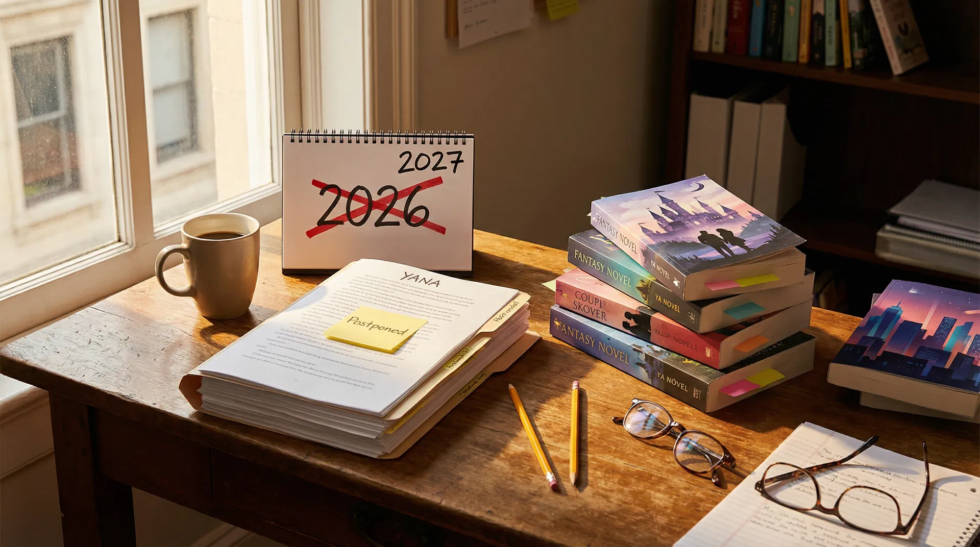 Publishing desk with YANA manuscript marked Postponed, calendar showing 2026 crossed out for 2027, stacked YA novels