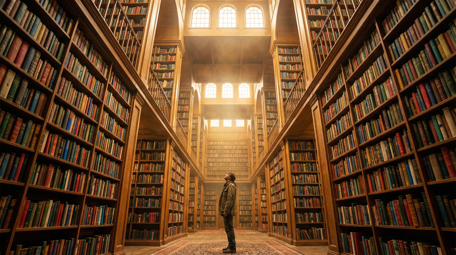 A reader dwarfed by towering floor-to-ceiling bookshelves in a vast golden library — 4 million books published in 2025