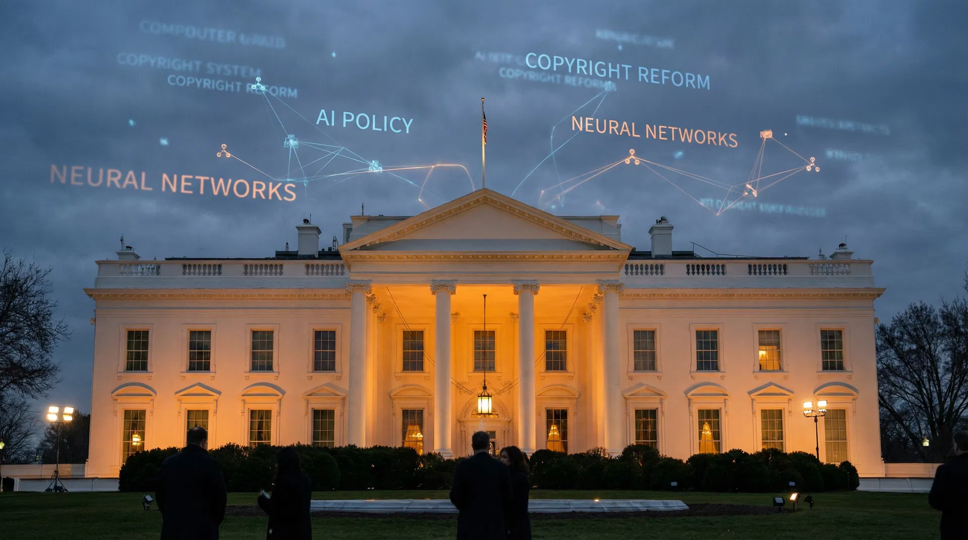 White House at dusk with AI neural network nodes and copyright text floating above — AI fair use policy framework