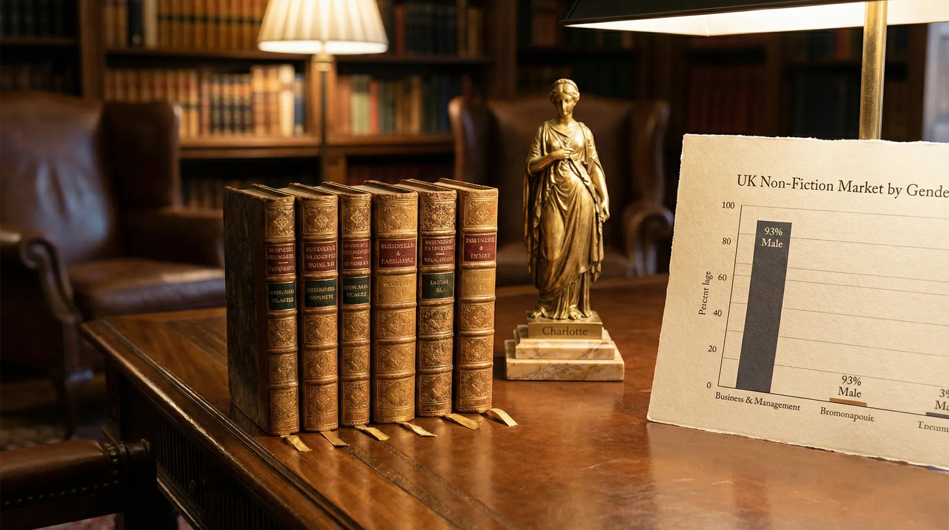 Six shortlisted books arranged on a table with the Women's Prize for Non-Fiction Charlotte sculpture and gender gap data chart