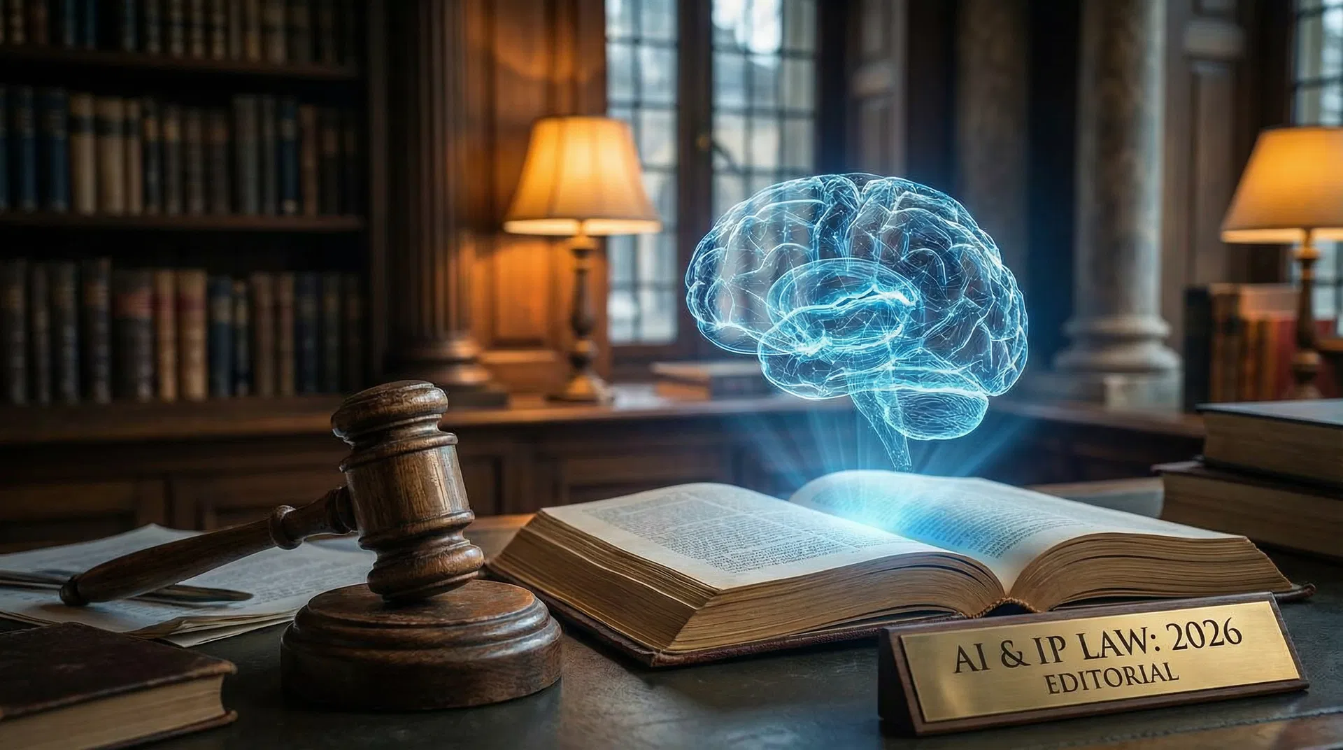 A gavel resting beside an open book with a glowing AI neural network visualization in a law library setting