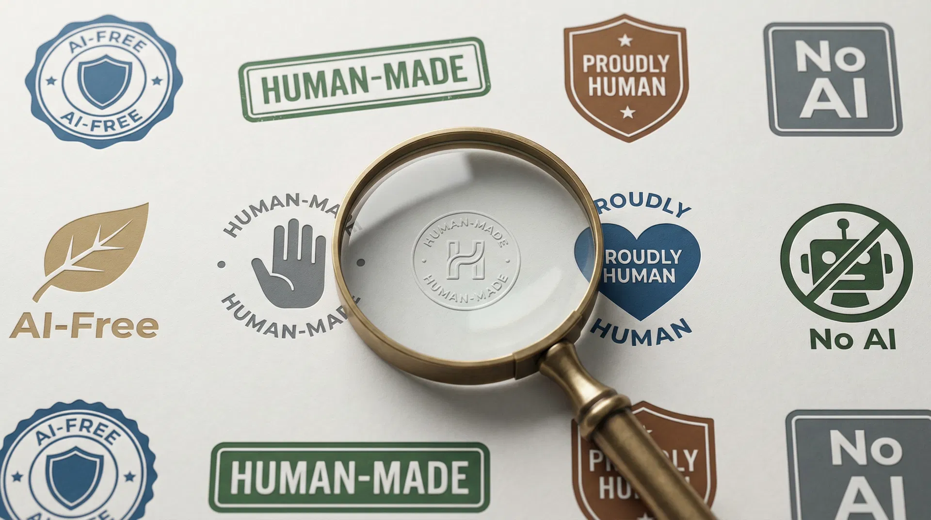 Multiple competing AI-free certification logos arranged in a grid, examined through a magnifying glass, representing fragmented industry standards