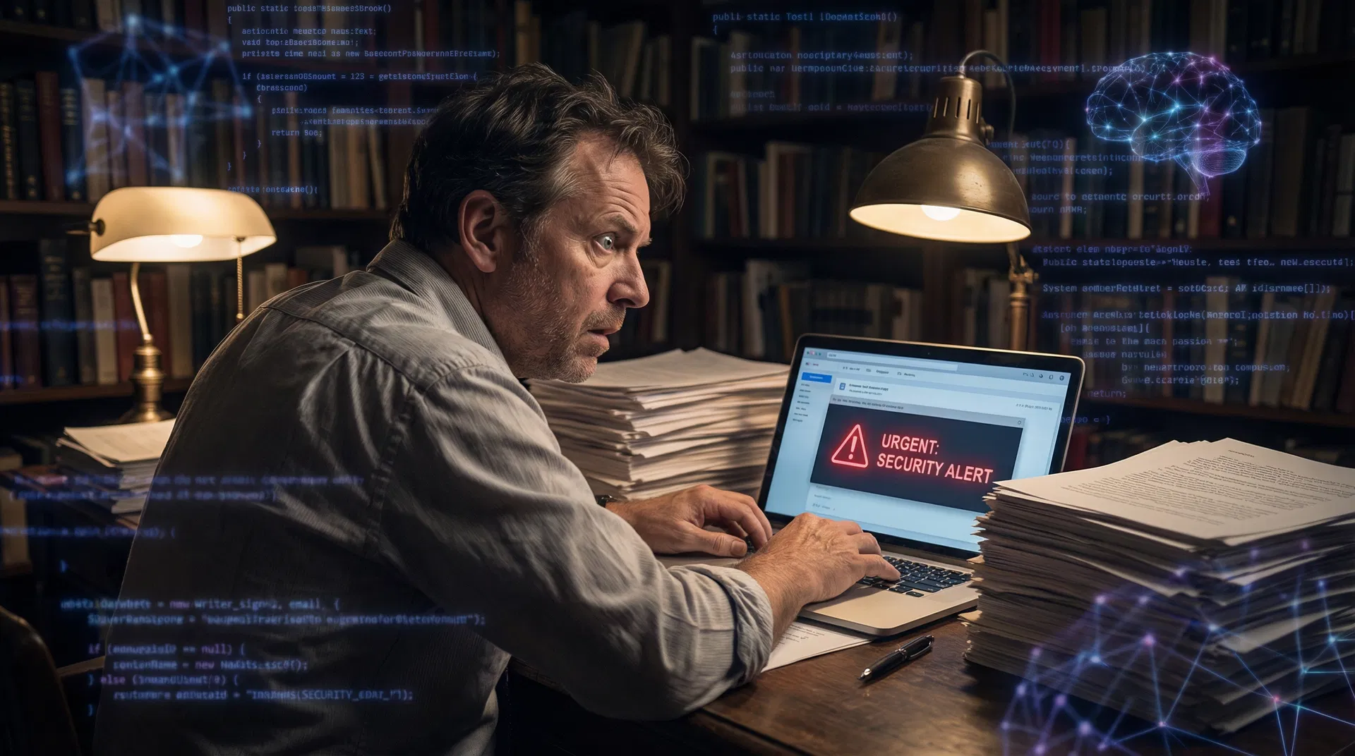 Writer at desk alarmed by suspicious AI-generated email on laptop screen