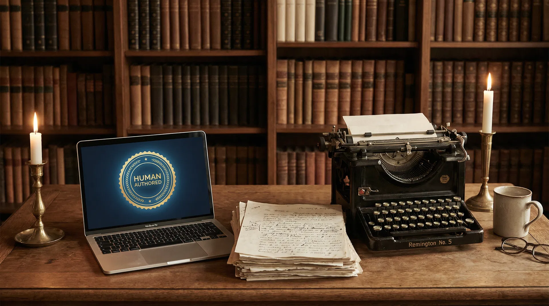 Writer's desk with vintage typewriter, handwritten manuscript, and laptop displaying a Human Authored certification seal