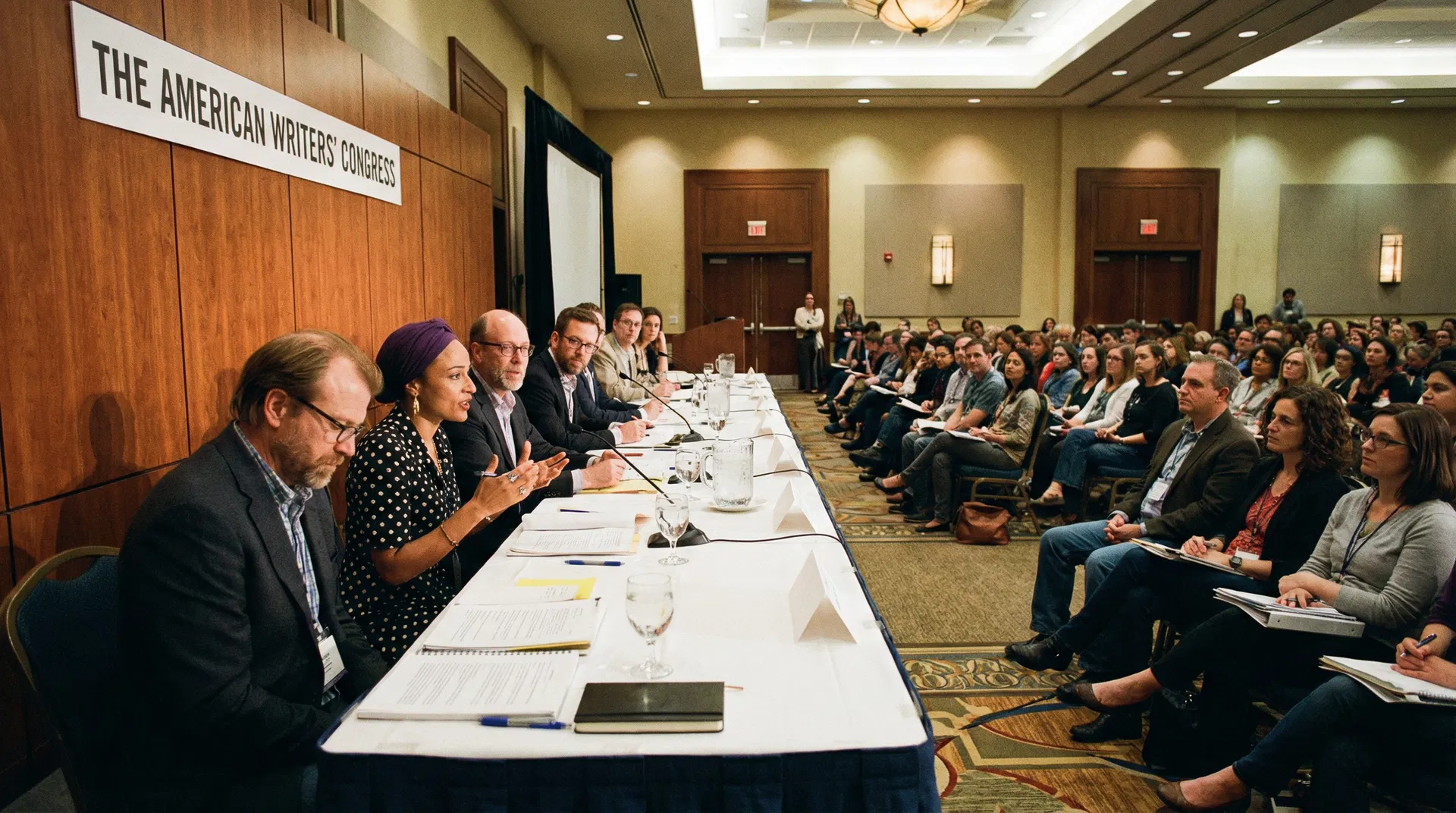 Writers and editors in discussion at a literary conference panel about AI and the future of creative writing
