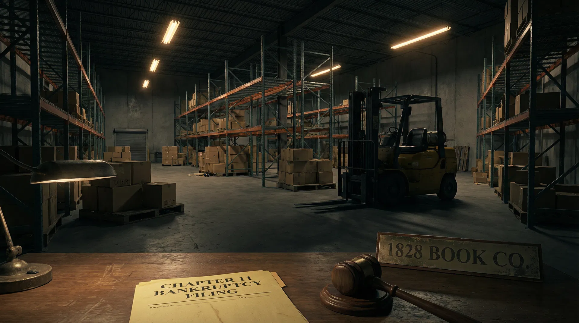 Empty book distribution warehouse with a Chapter 11 bankruptcy filing document and gavel on a desk, forklift idle in background