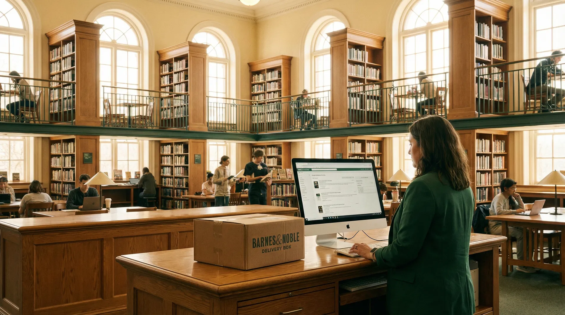 Librarian at a digital catalog terminal with a Barnes & Noble delivery box at the circulation desk of a grand public library