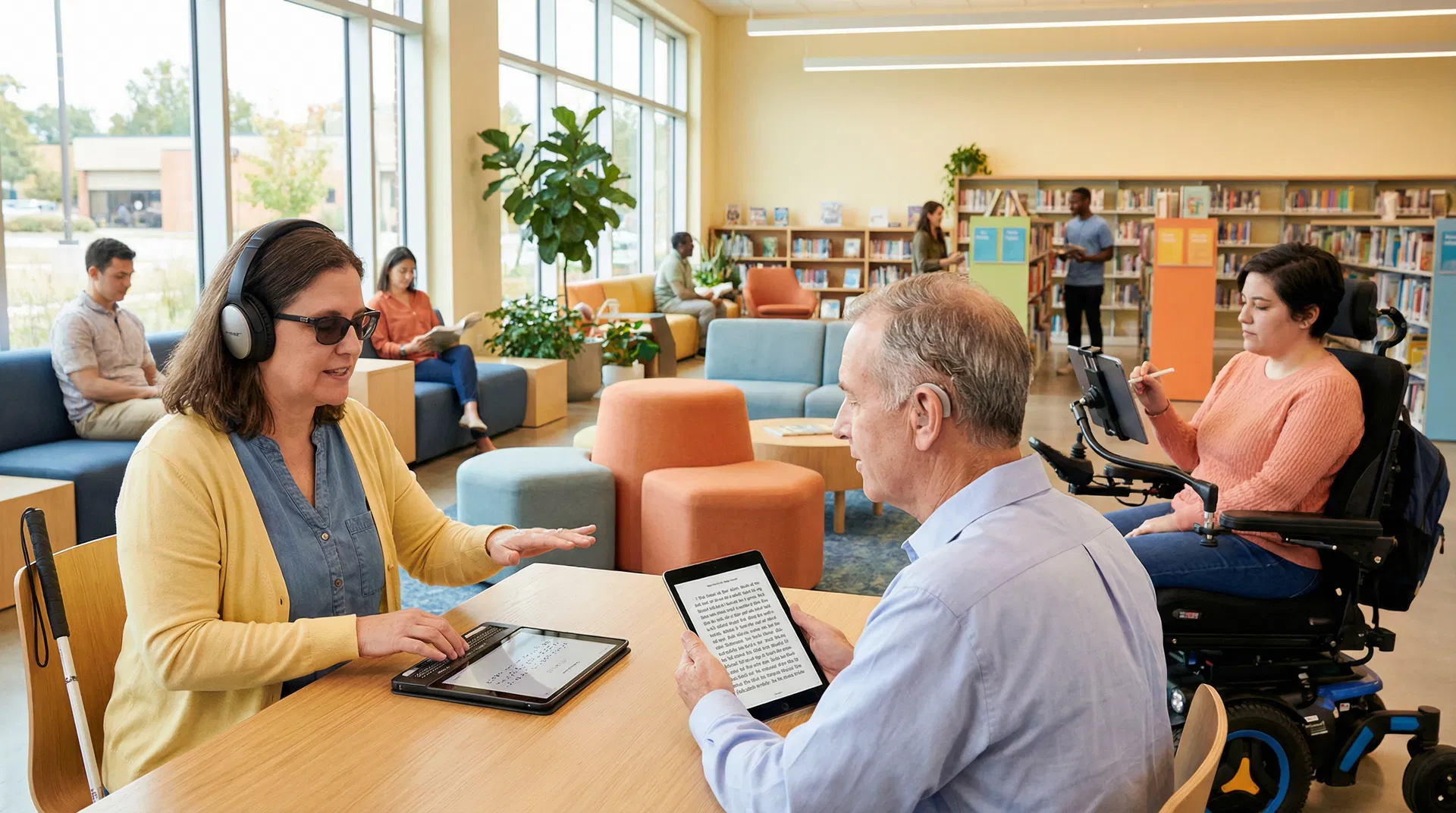 Diverse readers with disabilities using accessible digital reading devices in a modern library