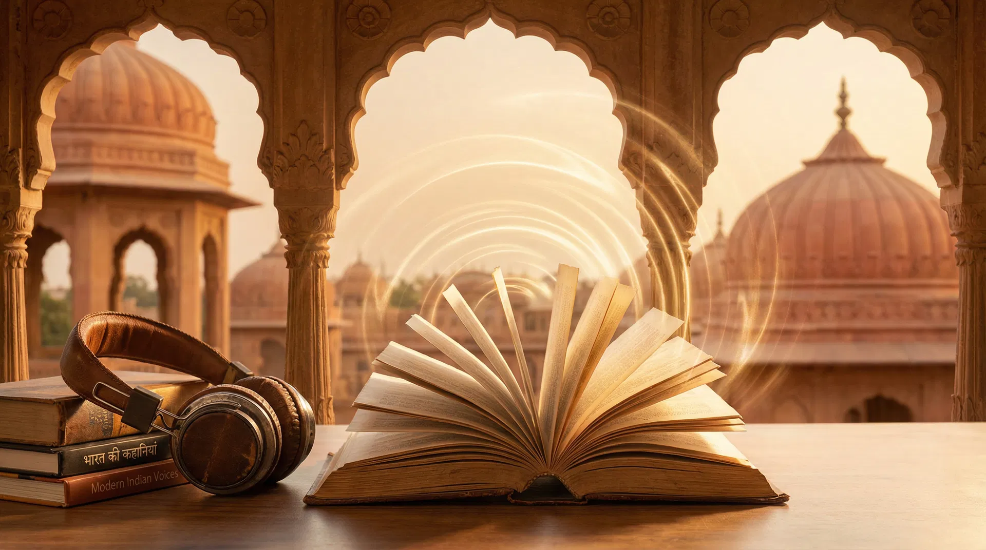 Open book with sound waves rising before Indian architectural arches, headphones resting on Hindi and English books
