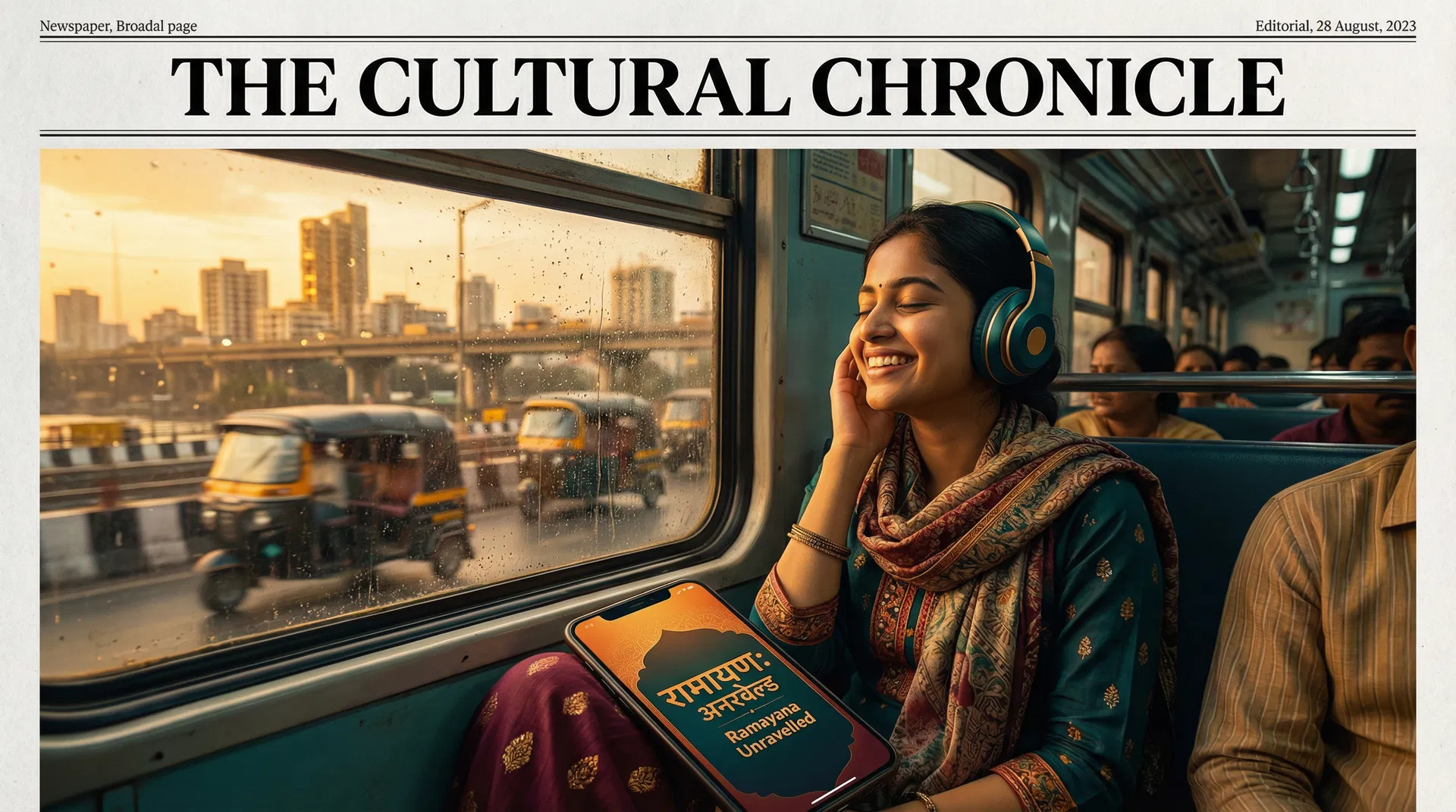 Young Indian woman on a Mumbai commuter train wearing headphones, holding a smartphone showing a Hindi-script audiobook cover for Ramayana Unravelled