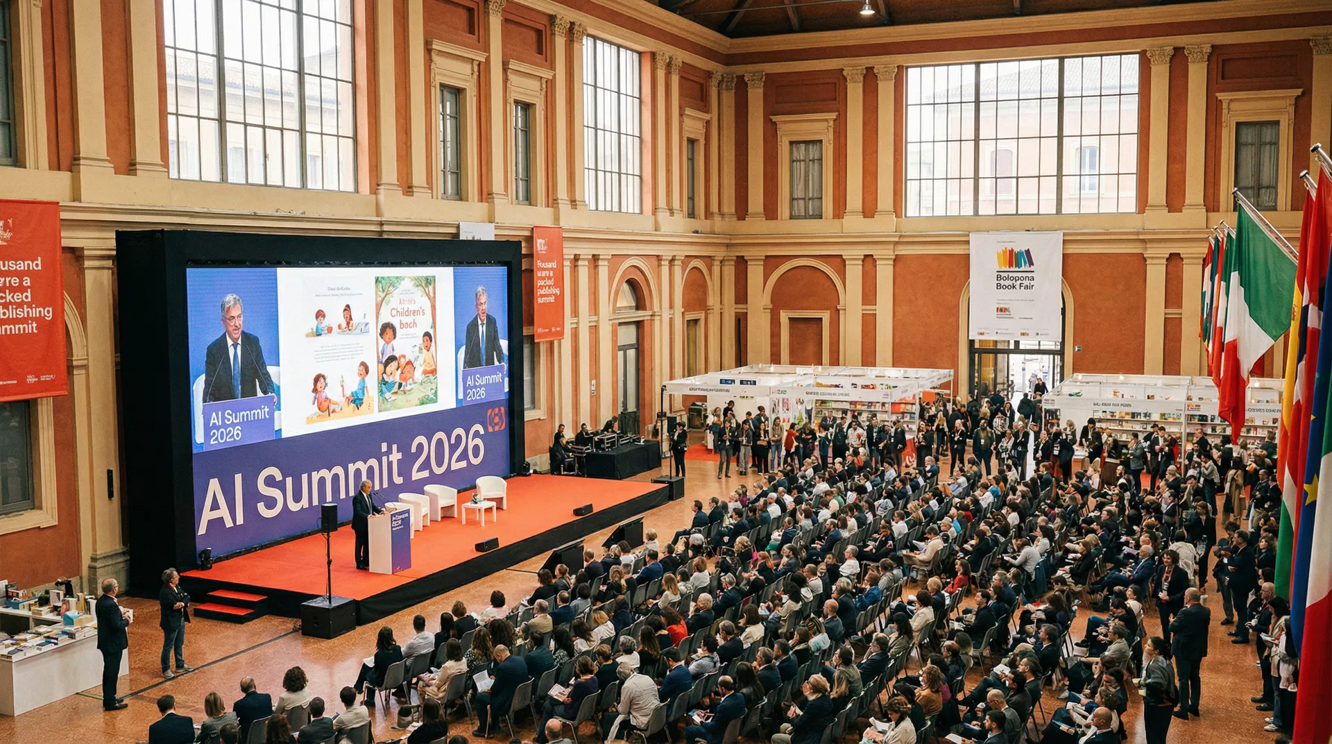 Bologna Children's Book Fair AI Summit 2026 in a grand Italian exhibition hall with a full audience and stage presentation
