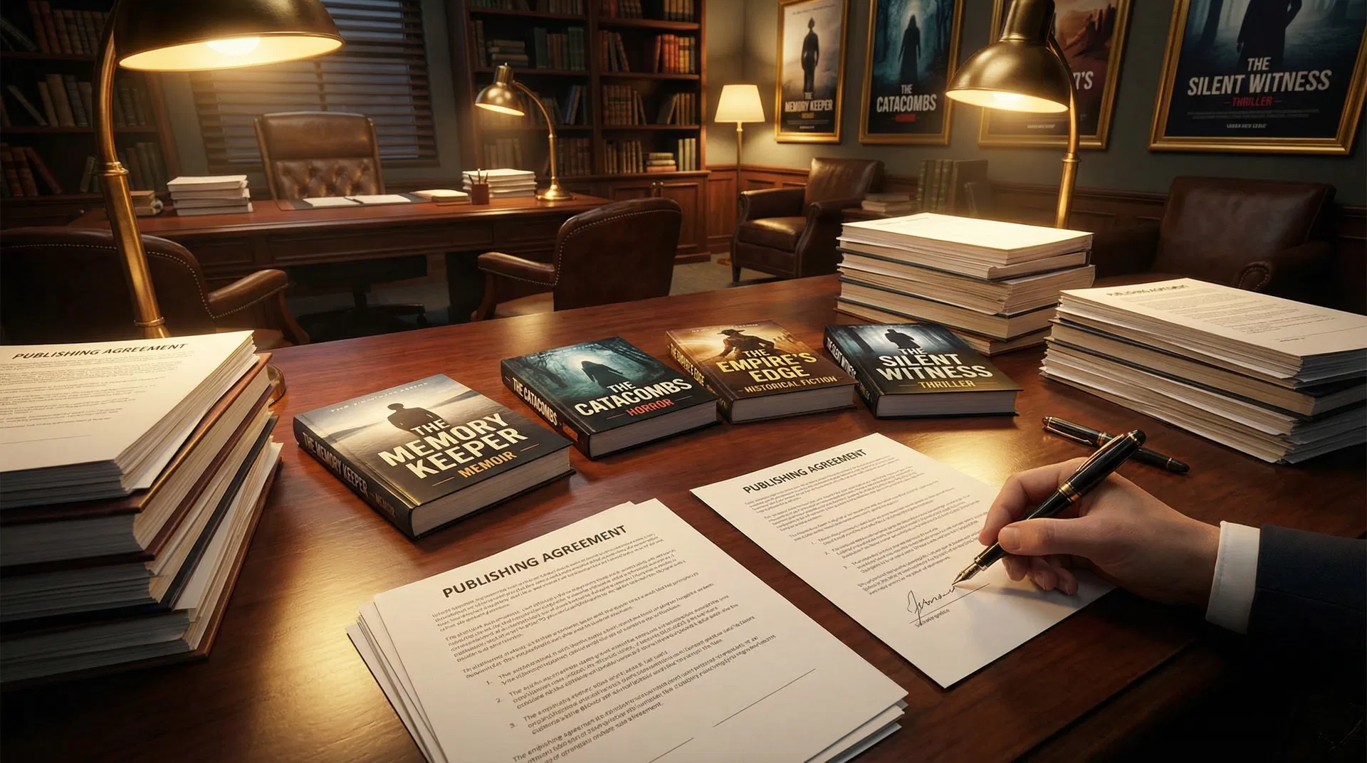 Publishing deal announcement board showing book covers and author names across multiple imprints