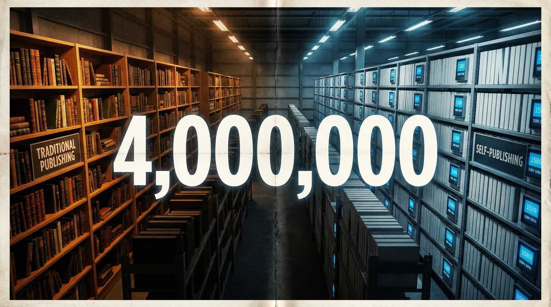 Split-view warehouse showing traditional publishing shelves on the left and self-publishing digital stacks on the right, with '4,000,000' displayed prominently