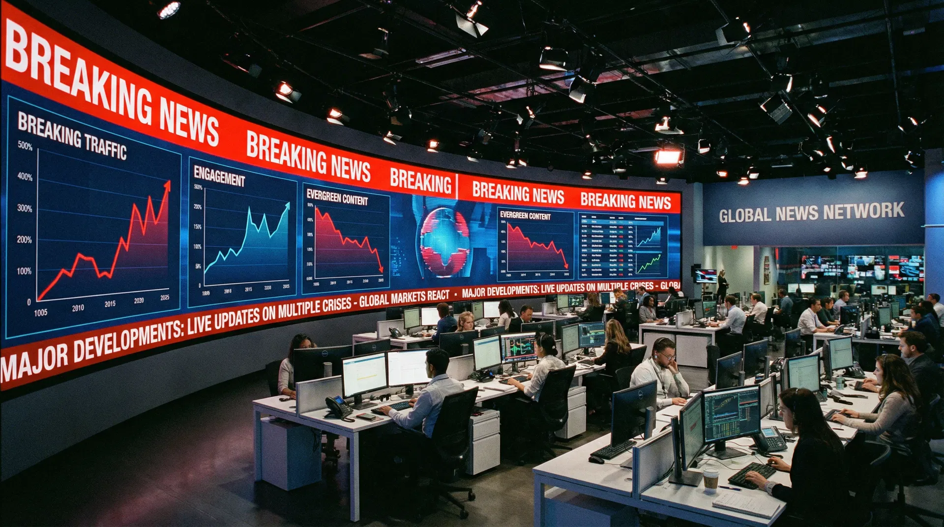 Digital news dashboard showing breaking news traffic surge versus evergreen content decline in AI era