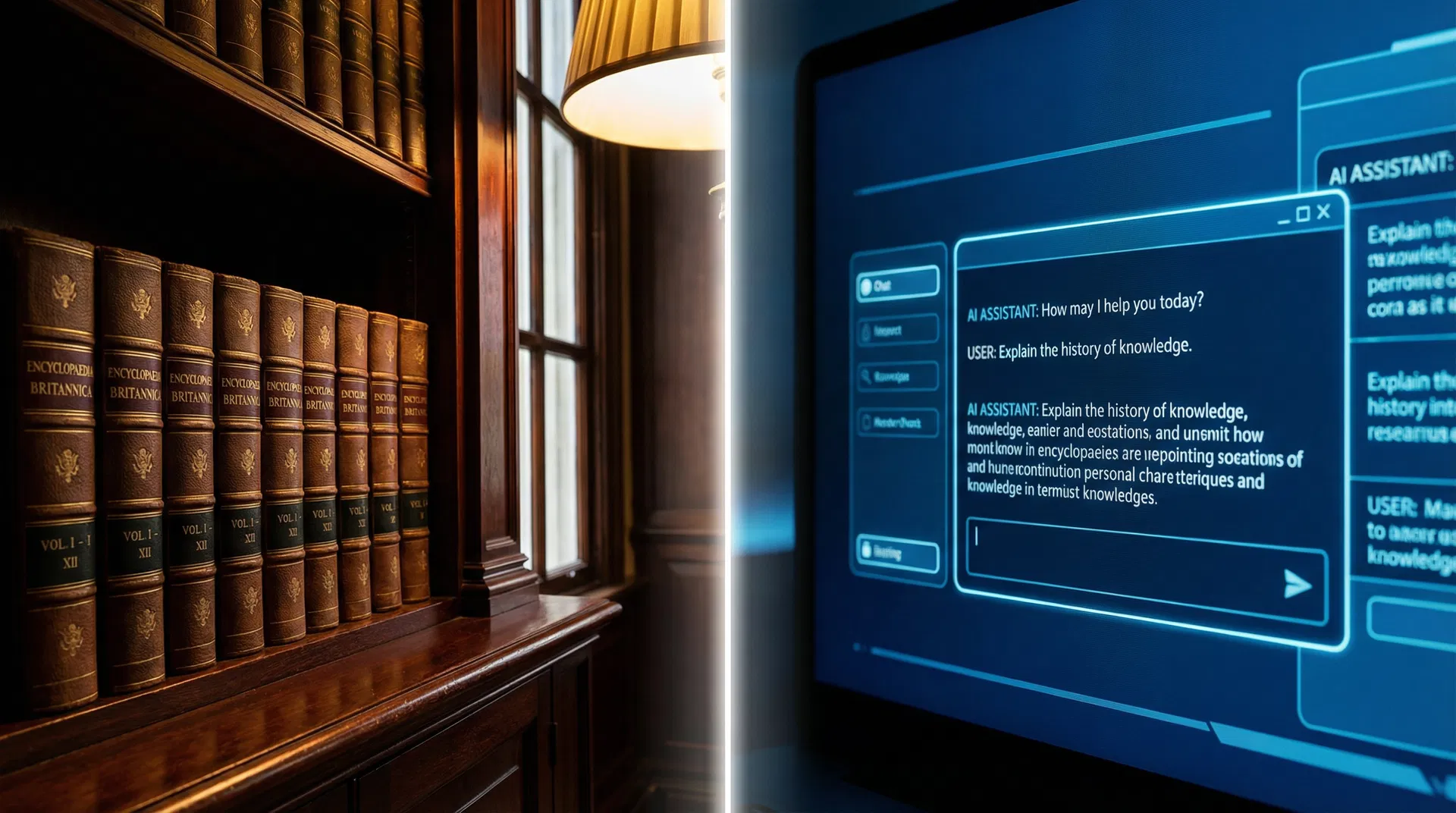 Encyclopaedia Britannica volumes on a library shelf beside an AI chat interface