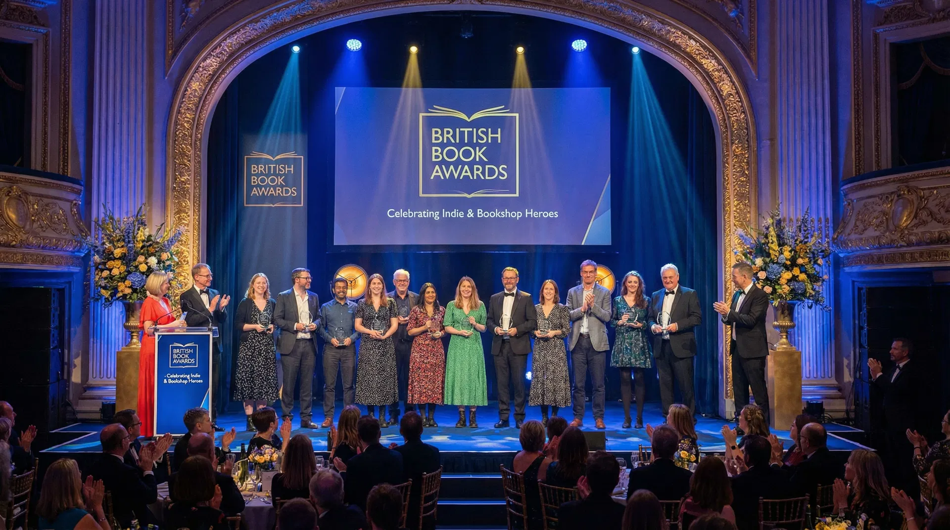 British Book Awards ceremony stage with indie publisher representatives and award nominees