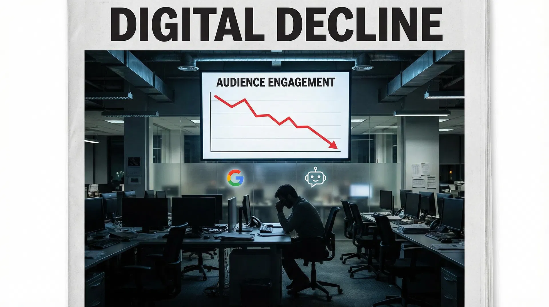 A downward-trending analytics graph on a monitor in a modern newsroom, with Google and AI logos subtly visible