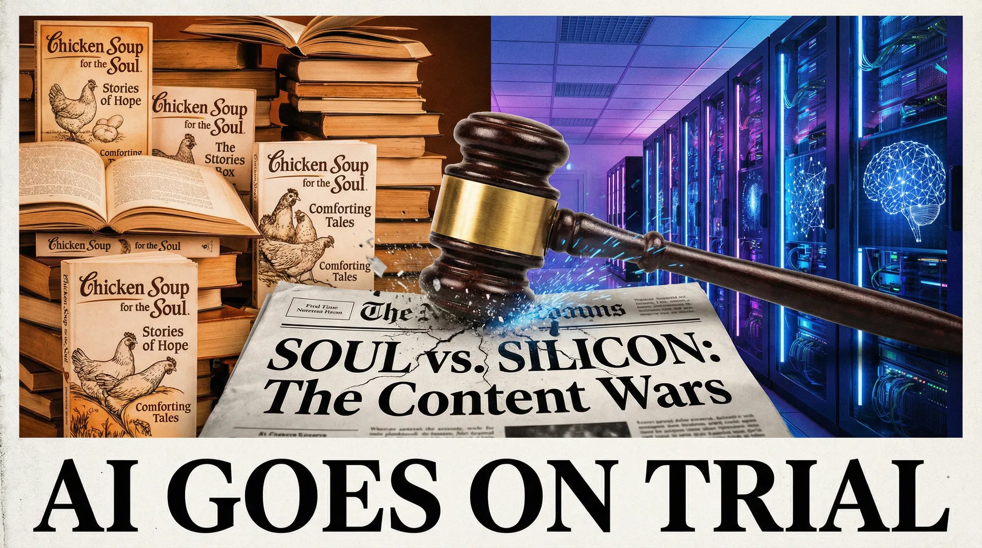 Chicken Soup for the Soul books stacked beside a server room, gavel striking between them — AI Goes on Trial
