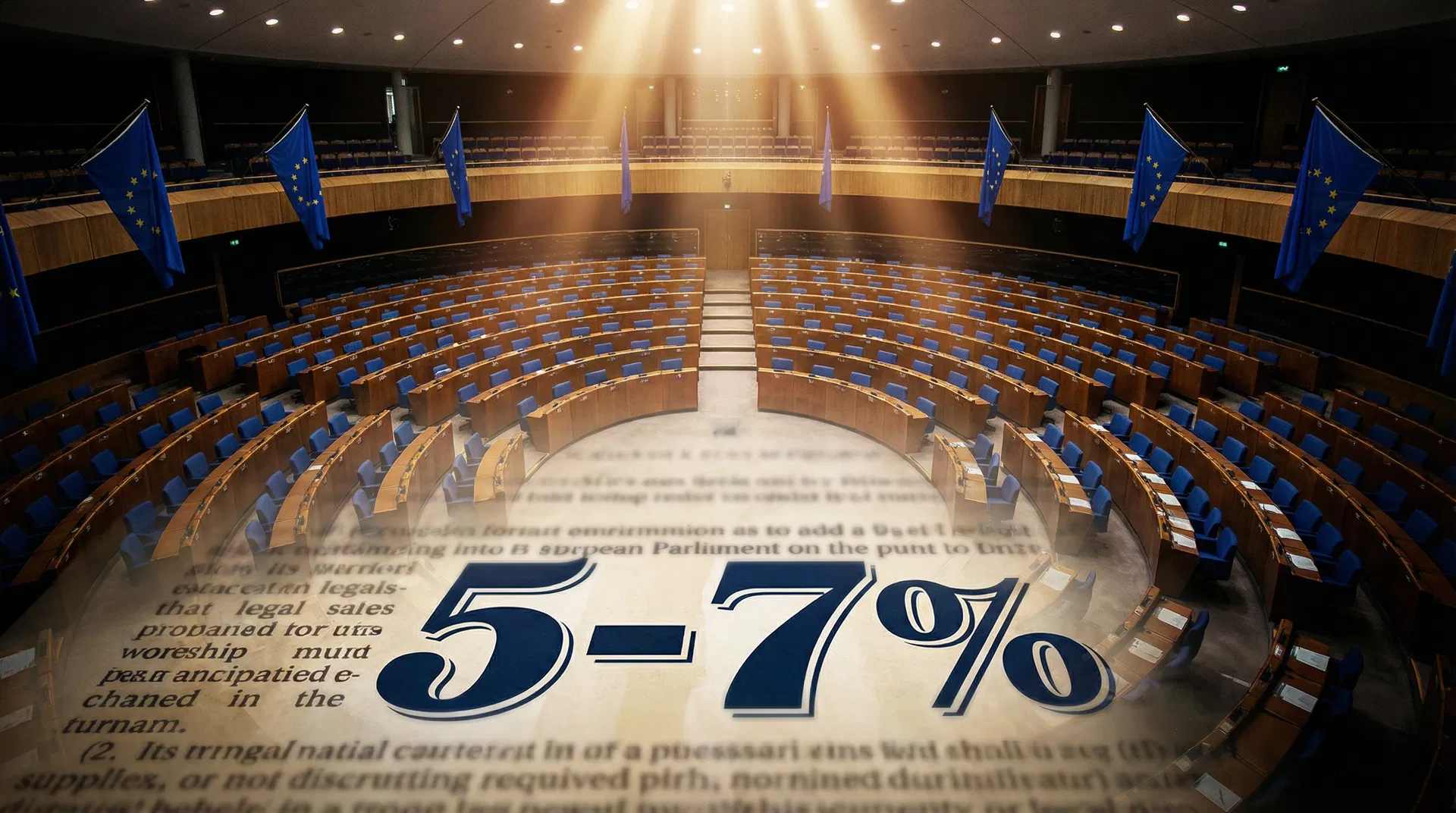 European Parliament chamber in Strasbourg with blue and gold EU flags, dramatic lighting from above