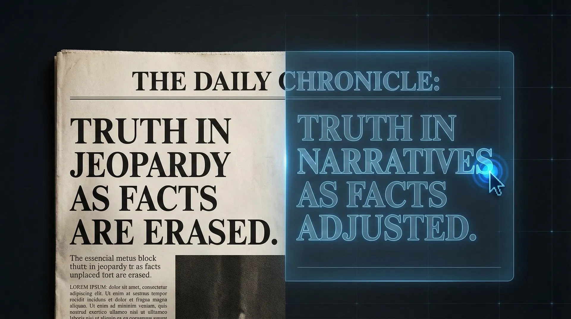 Split-screen showing a traditional newspaper headline being rewritten by an AI cursor