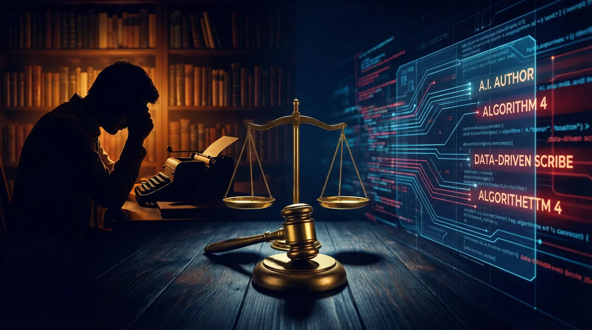 Split-screen composition with writer at desk on left and AI algorithms with author names flowing through code on right, scales of justice in center