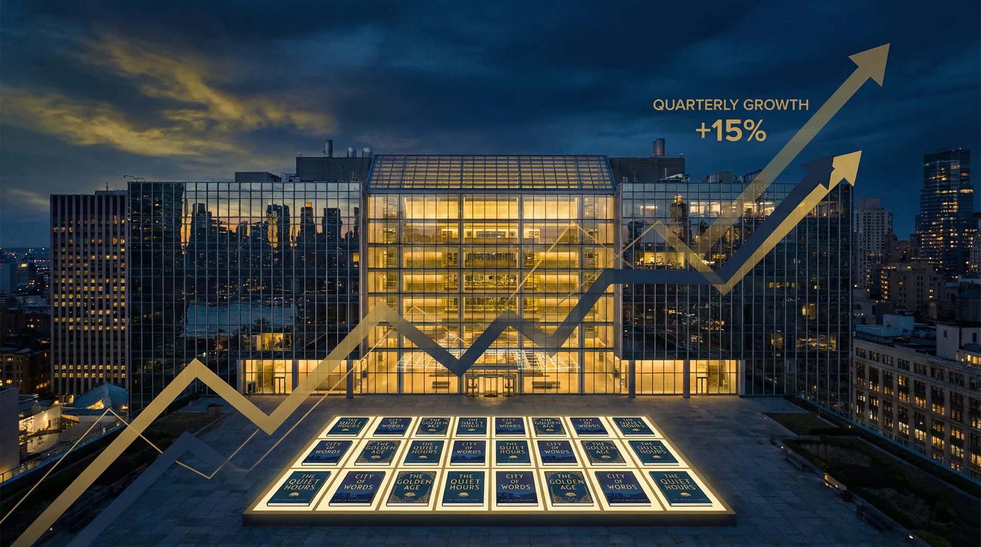 Aerial view of a major publishing house headquarters at night with book covers and growth chart overlay