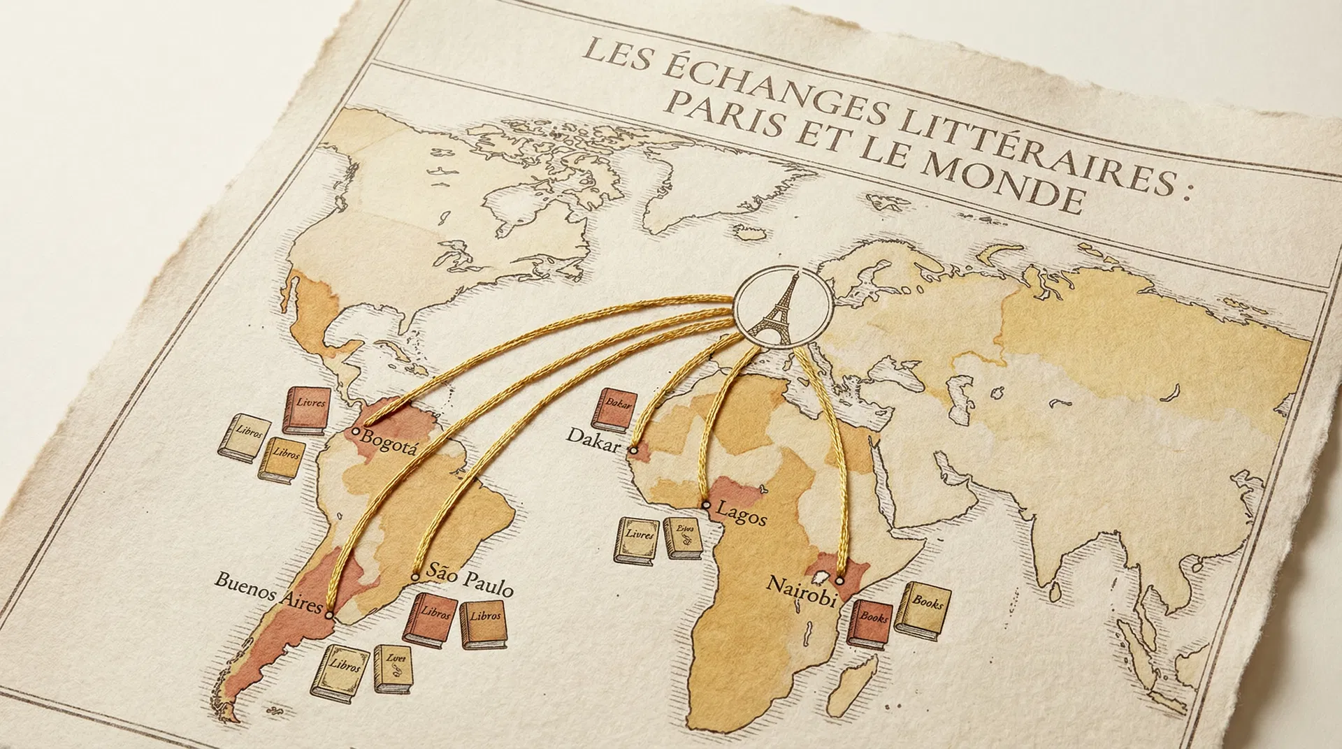 Antique-style world map with golden thread lines connecting Paris to cities in Latin America and Africa, with small book icons in French, Spanish, and English