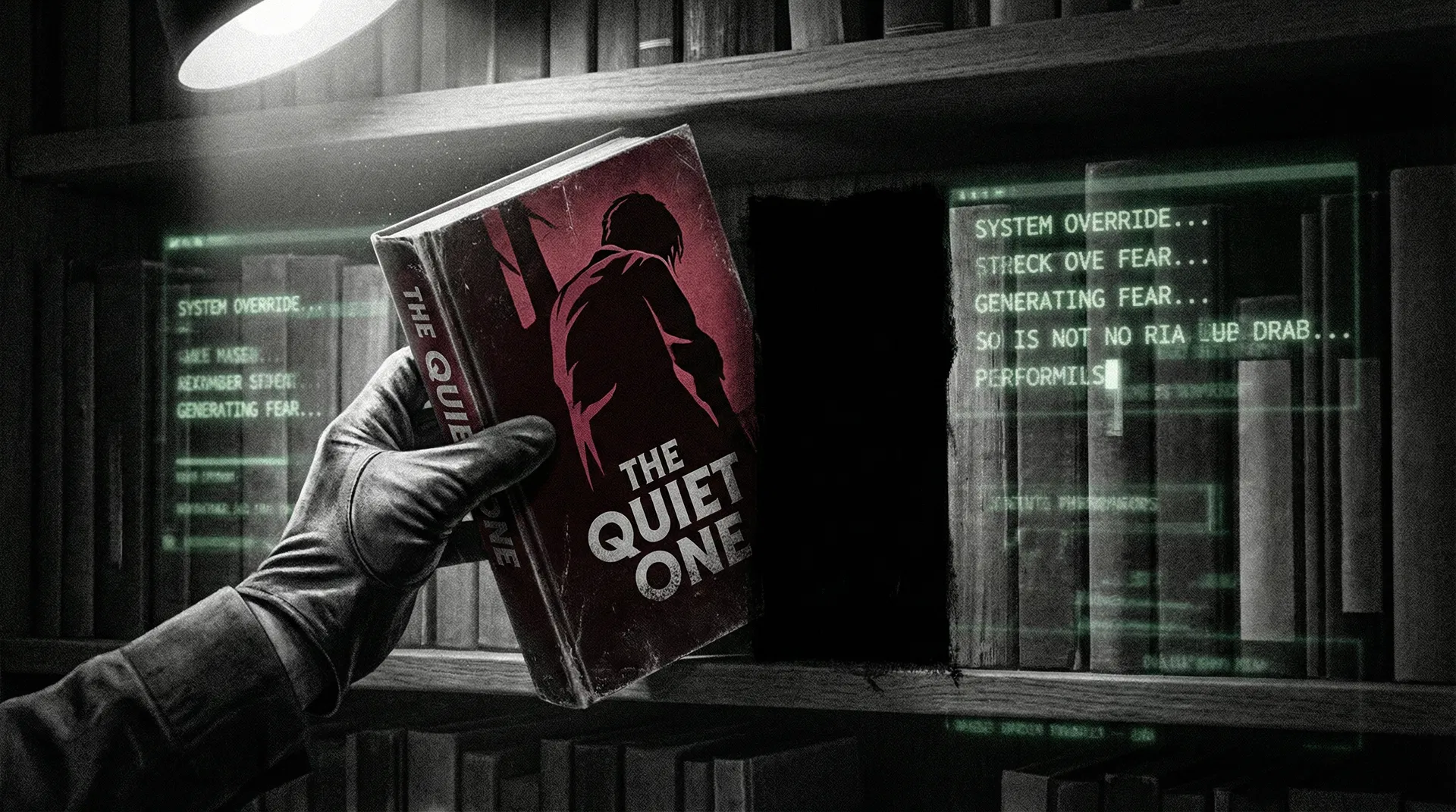 Horror novel cover being pulled from bookshelf with ghostly AI text-generation interface in background