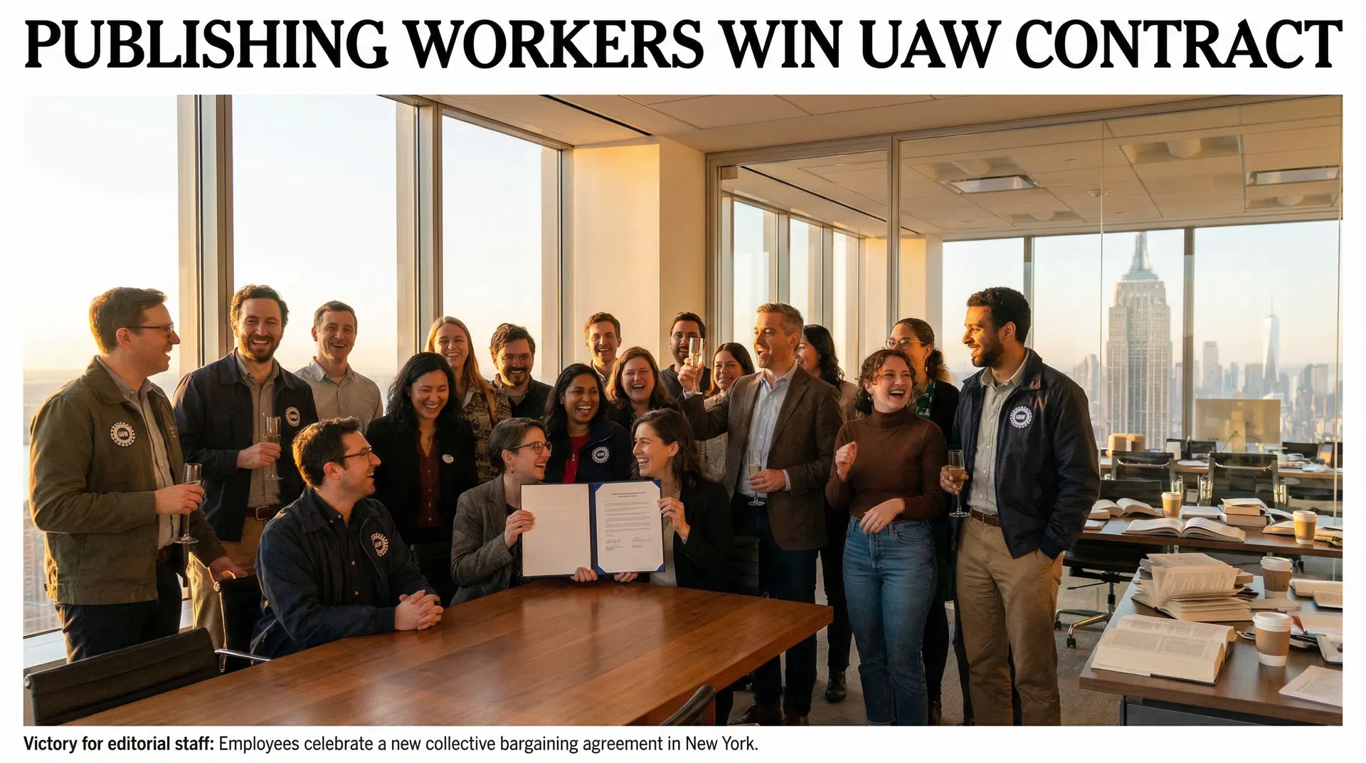 HarperCollins publishing workers celebrating new UAW contract in Manhattan office with Empire State Building visible