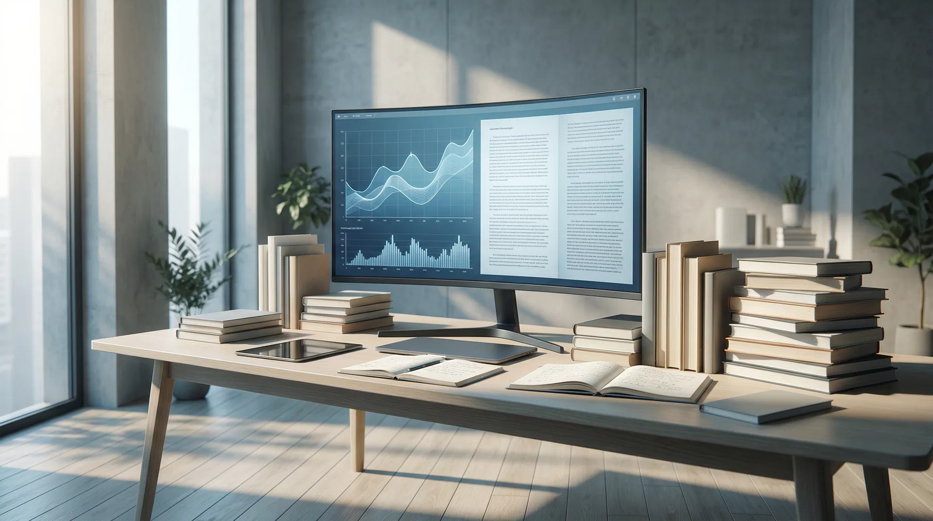 Modern publishing technology workspace with curved monitor showing data visualisations and books
