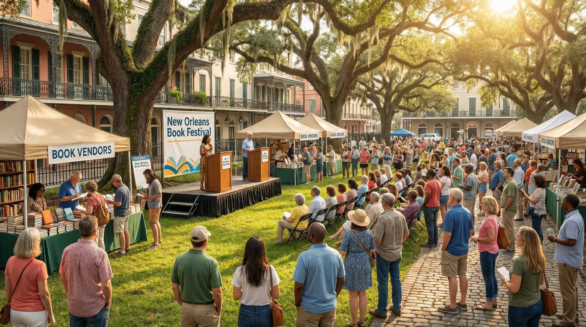 New Orleans Book Festival outdoor venue with authors, readers, and booksellers gathered for literary events