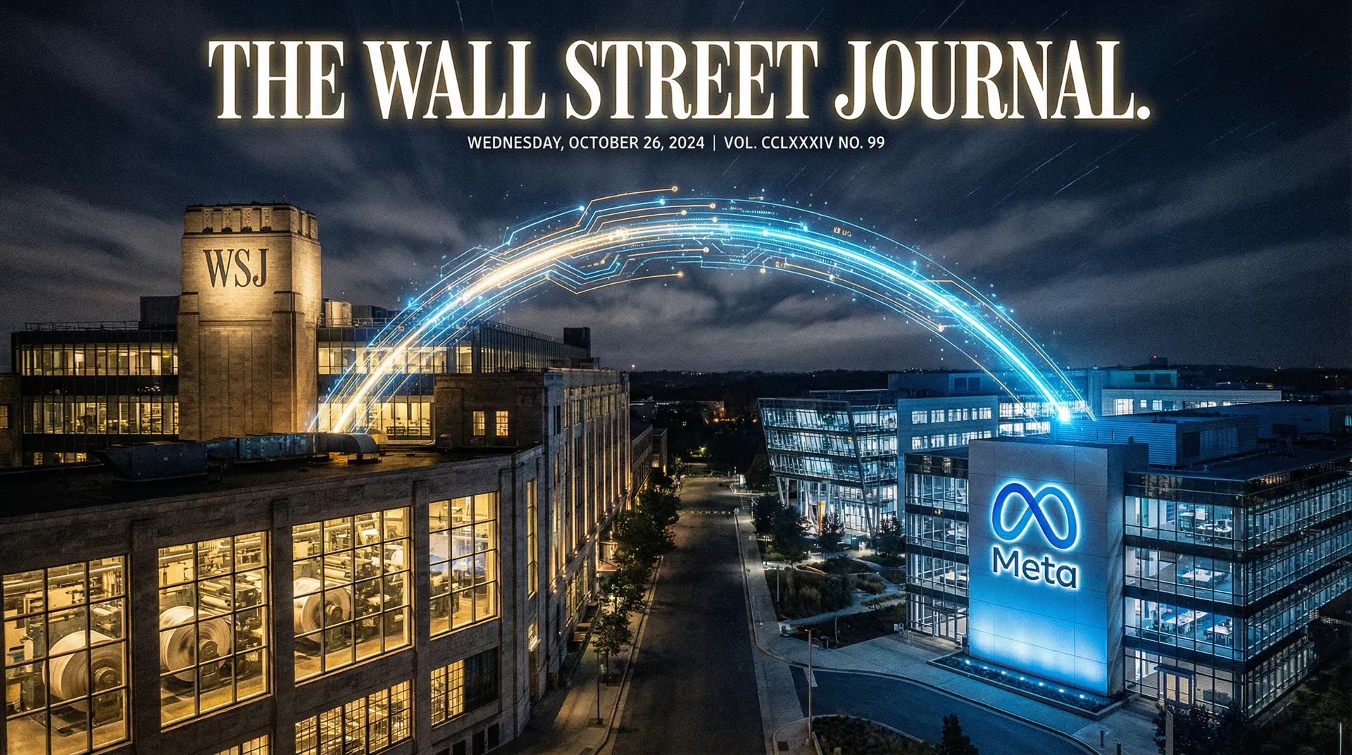 WSJ building and Meta campus connected by glowing data pipeline at night — $50M AI licensing deal