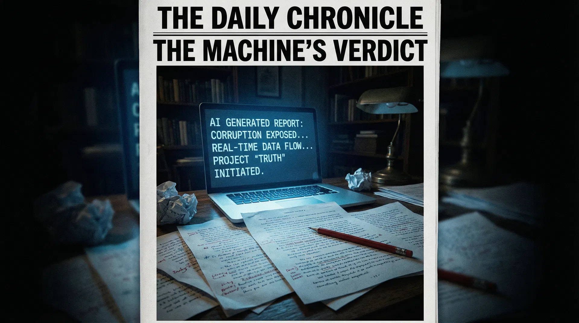 A manuscript on a desk with a glowing laptop screen showing AI text generation, dramatic editorial lighting