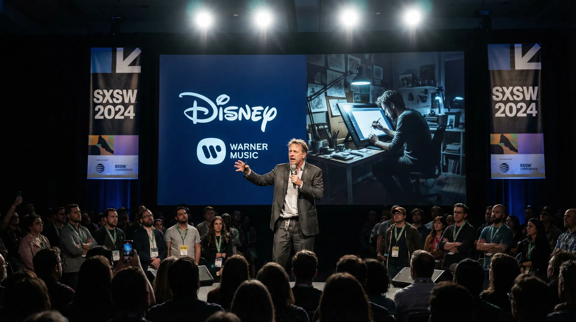Jack Conte speaking on a SXSW stage with a microphone, crowd visible in background, warm stage lighting