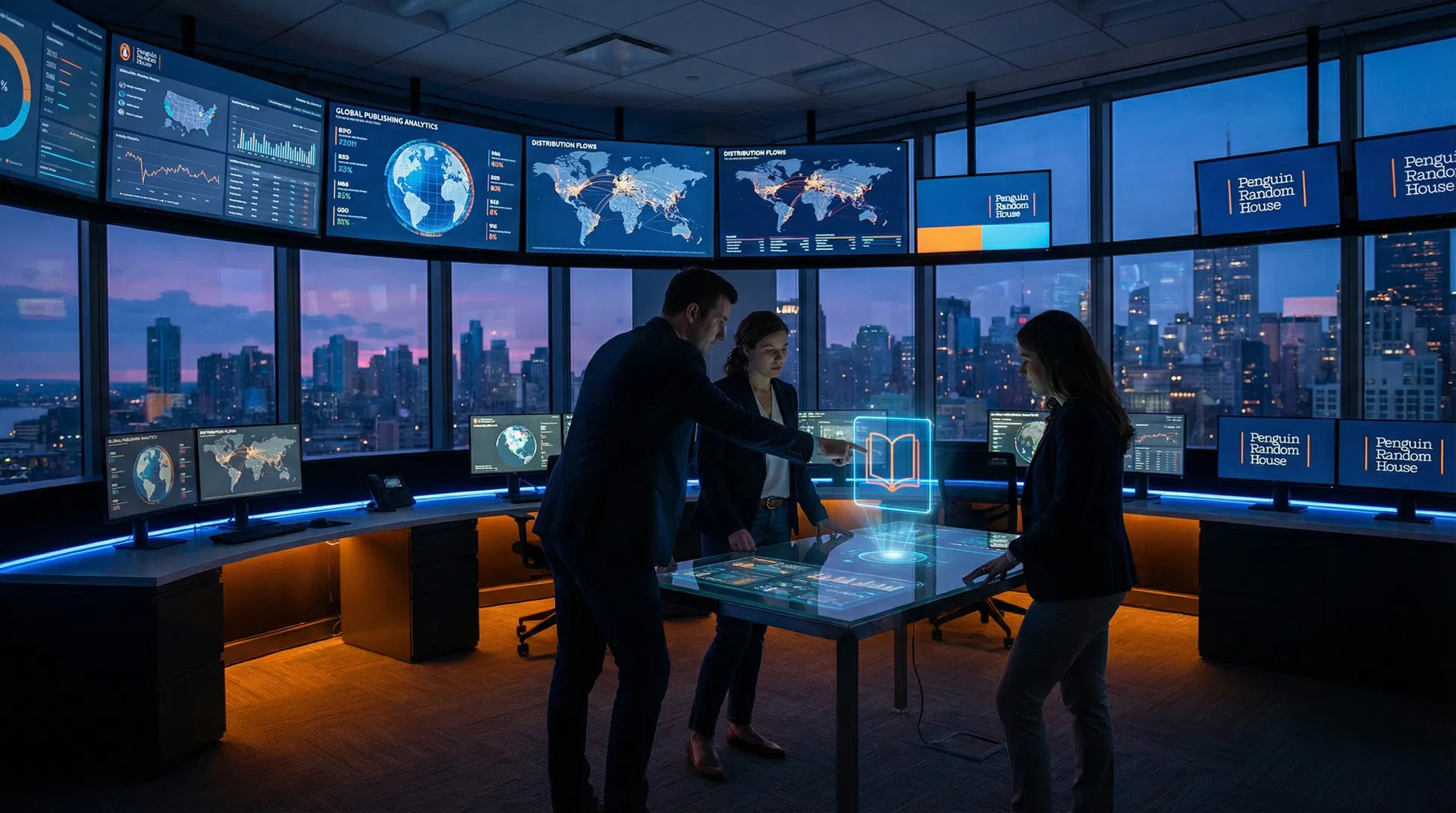Technology operations center with global publishing analytics displays