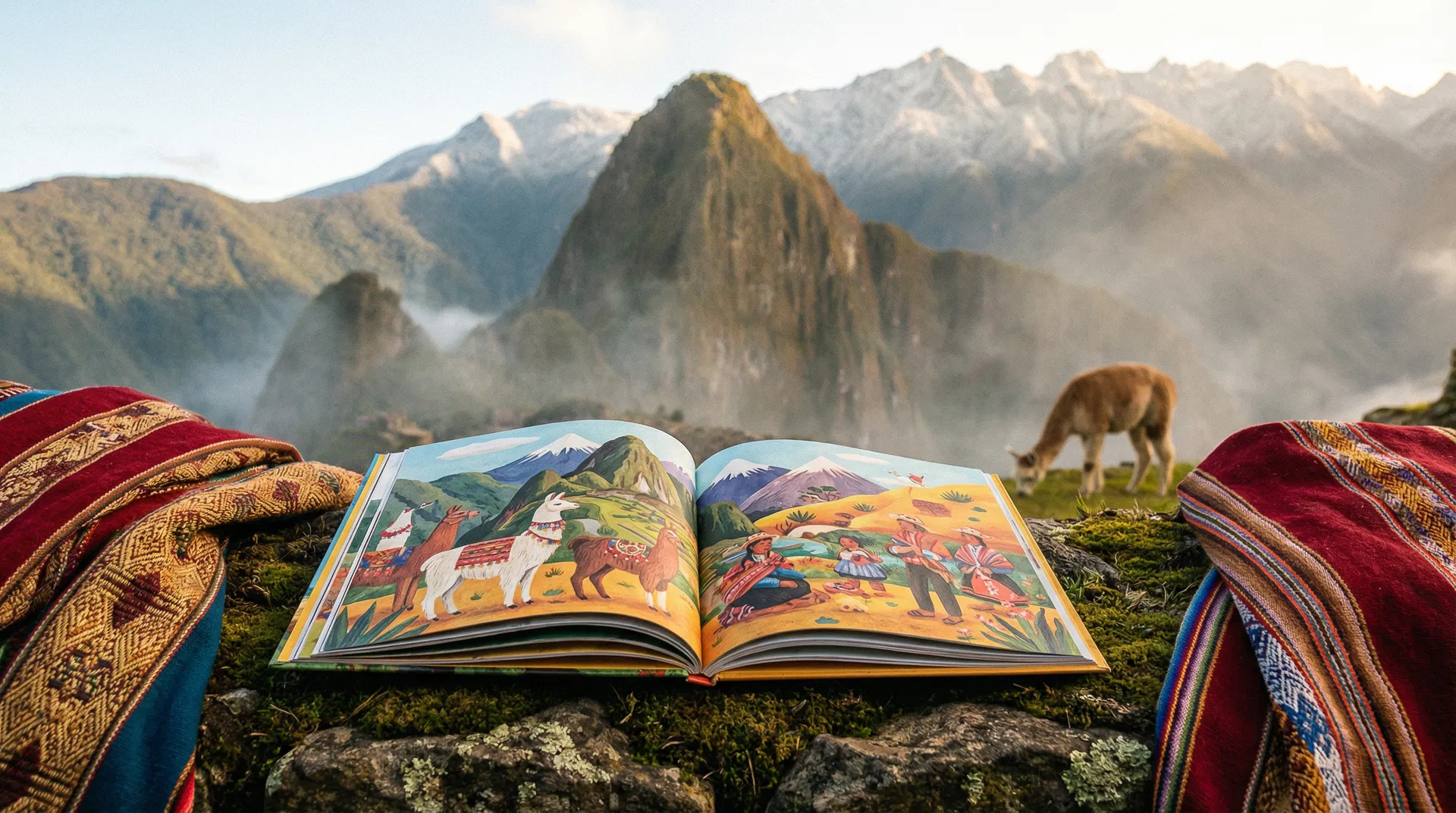 Illustrated children's book open on stone surface with Machu Picchu peaks in the background and traditional Peruvian textiles