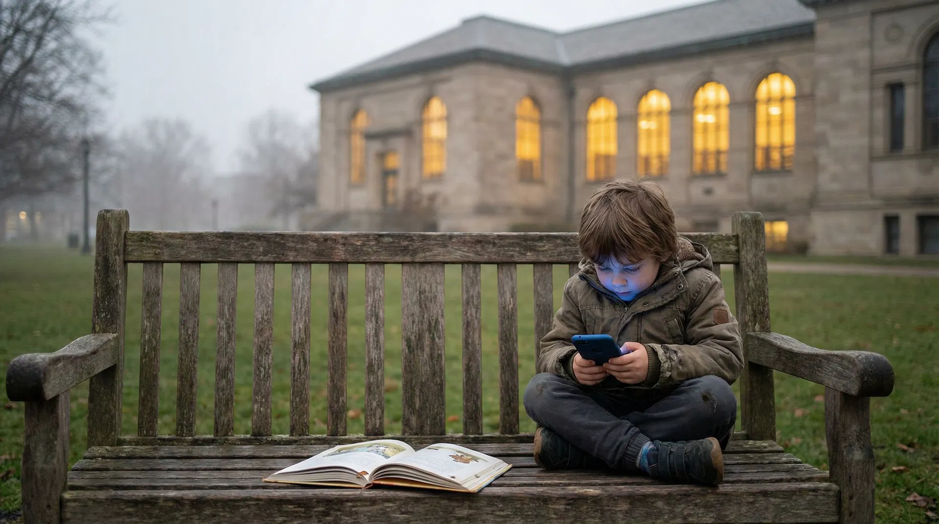 Child on park bench absorbed in smartphone while book lies forgotten beside them
