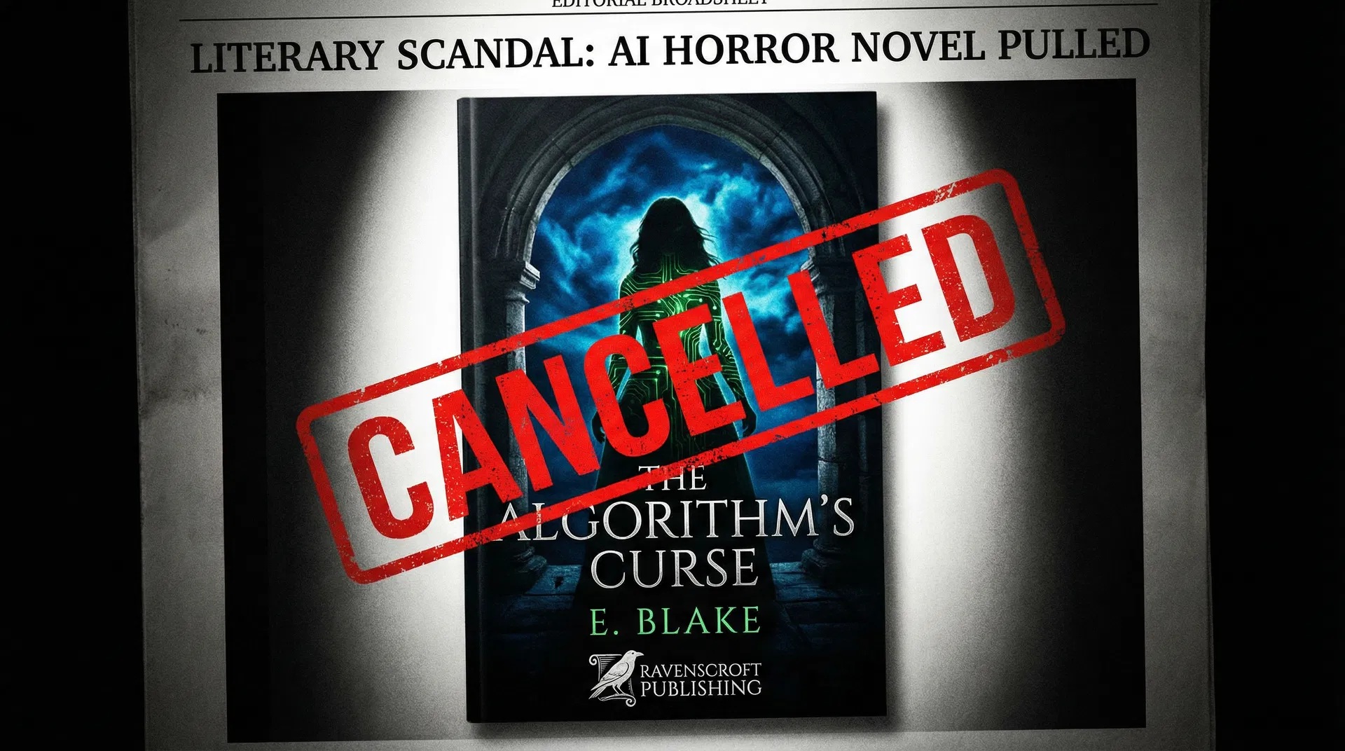 Horror novel with CANCELLED stamp over AI circuit pattern — Hachette pulls Shy Girl over AI content concerns